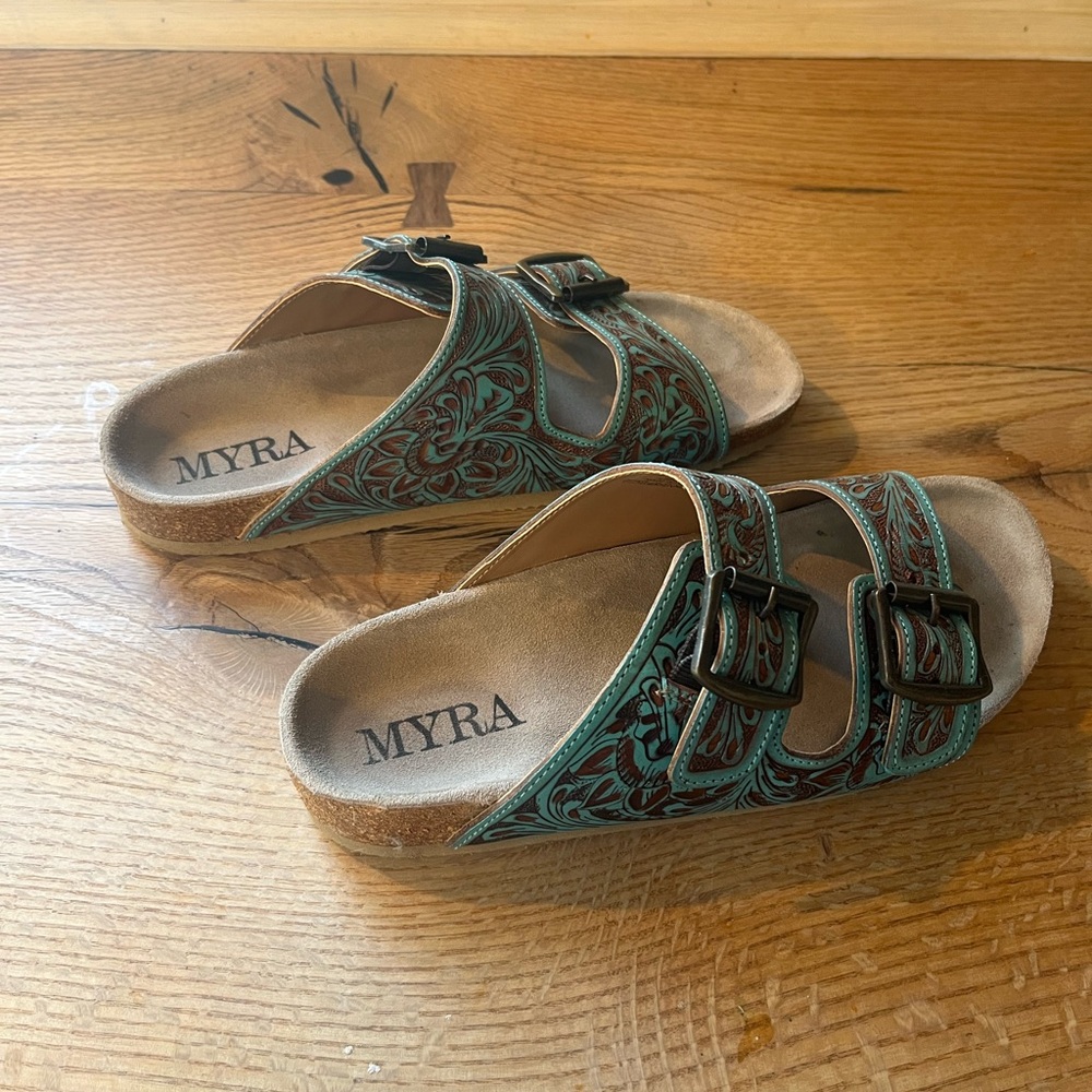 Myra Bag Hand Tooled Genuine Leather Sandals - Picture 7 of 9